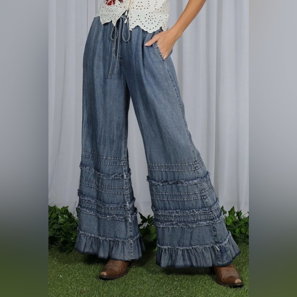 Dark wash ruffled western boho palazzo wide leg chambray denim pant jeans - Picture 9 of 9